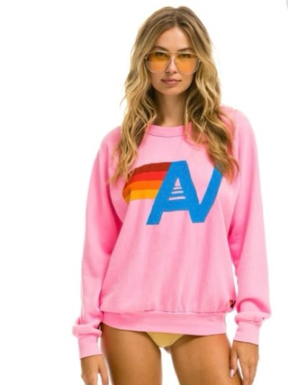 Aviator Nation Pink Logo Graphic Sweatshirt with Rainbow Stripe